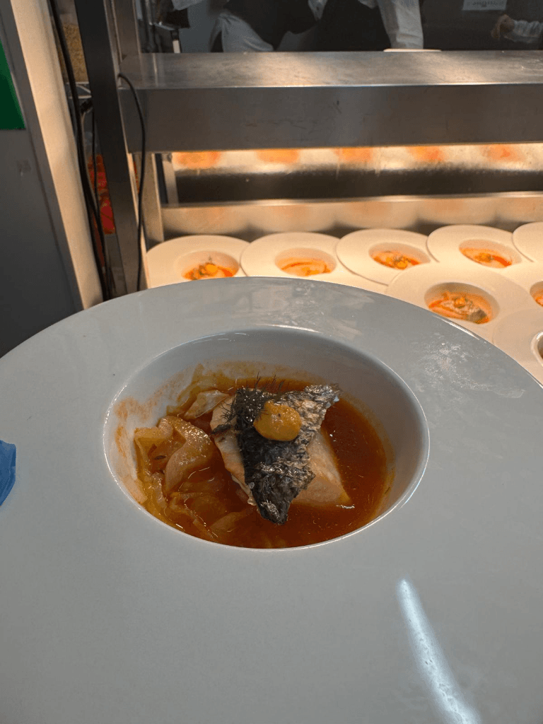 Pan seared fish in broth