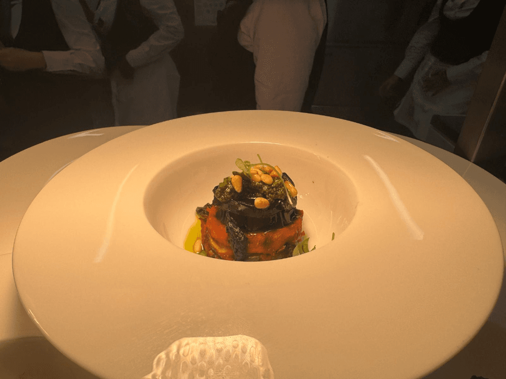 Plated vegetable tower with pesto